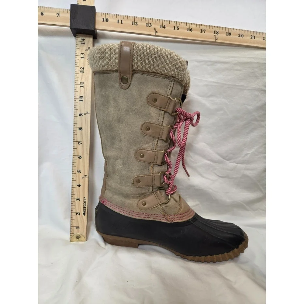 Esprit Boots Size 9M Belinda Mid Calf Rain Snow Rubber Lace Up Beige Pink Laces